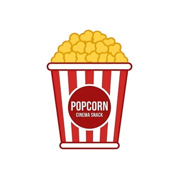 Flat vector icon of a red and white striped popcorn bucket for movie theater snacks