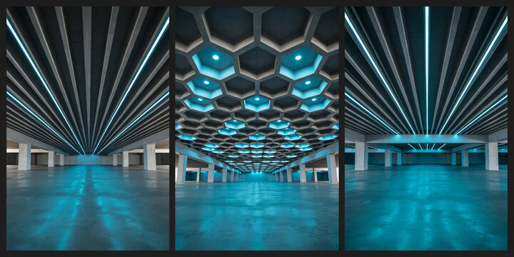 Three views of a futuristic underground parking garage with blue led lighting and hexagons