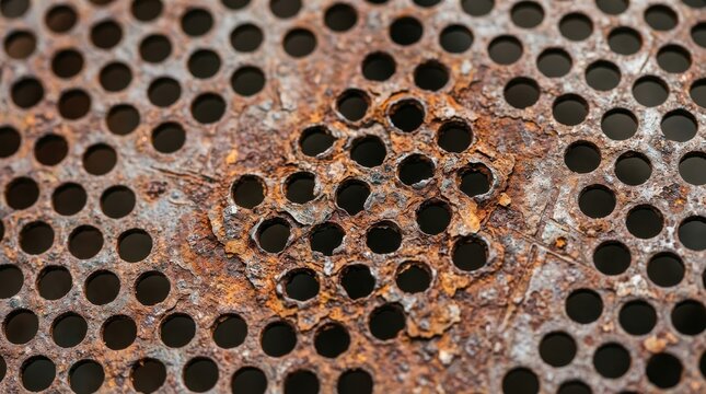 Close up shot of heavy rust and corrosion on a perforated metal sheet surface featuring an intricate pattern of small circular holes and weathered