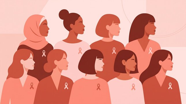 Diverse group of women wearing breast cancer awareness ribbons on their clothing in pink tones with collaboration