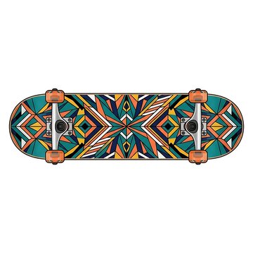 Isolated professional skateboard deck with abstract colorful geometric vector pattern design