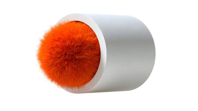 An orange fuzzy duster in a white cylindrical holder