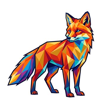 Vibrant geometric lowpoly style illustration of a standing red fox