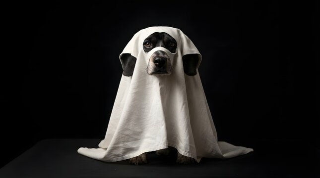 A cute dog dressed as a ghost for halloween, wearing a white sheet with eye holes, isolated on a black background