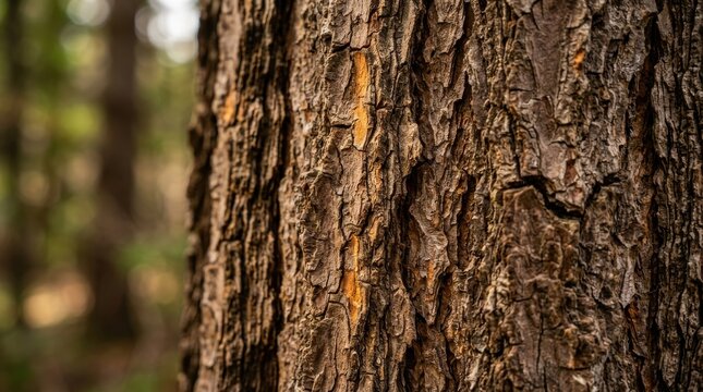 Close up shot of rough textured pine tree bark showing intricate natural patterns wood grain details vertical growth lines forest background