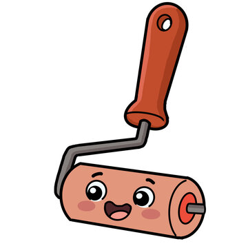 Cute cartoon paint roller character with smiling face vector illustration.