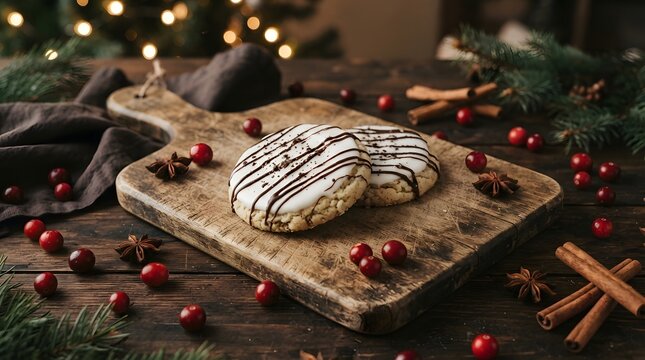 Two glazed cookies with chocolate drizzle on a wooden board with cranberries, cinnamon sticks, and pine branches on a rustic table