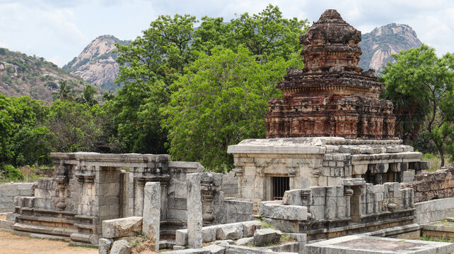 Ancient Dravidian stone temple ruins inside Chandragiri Fort near Tirupati, Andhra Pradesh, India.