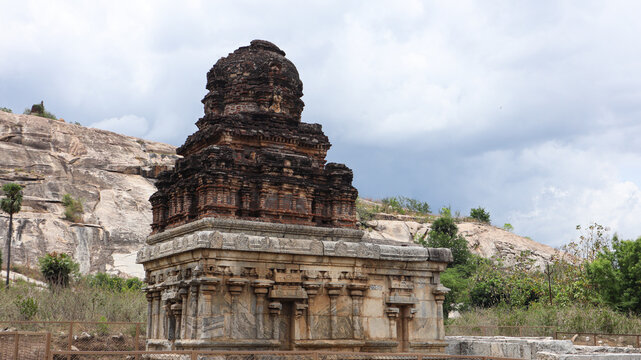 Ancient Dravidian stone temple ruins inside Chandragiri Fort near Tirupati, Andhra Pradesh, India.