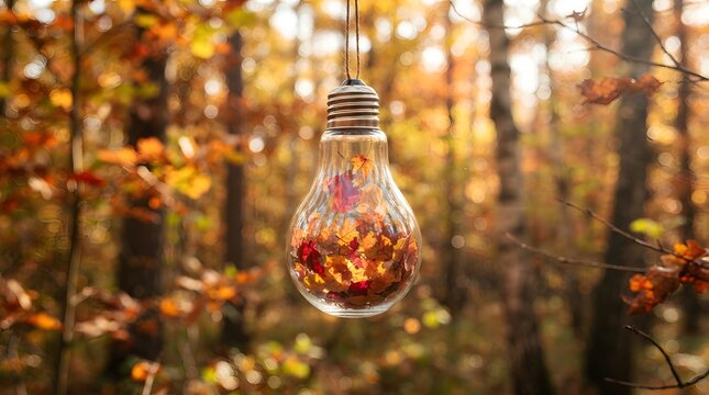 A glass light bulb hanging in a forest, filled with colorful autumn leaves, symbolizing nature and energy