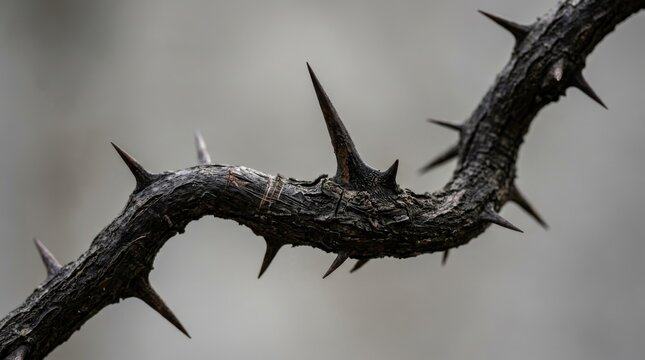 Close up view of a thorny branch with sharp spikes against a blurred background representing protection danger and harsh natural elements