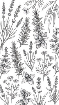 Vintage Botanical Illustration of Medicinal Herbs Lavender Rosemary Mint Chamomile and Eucalyptus