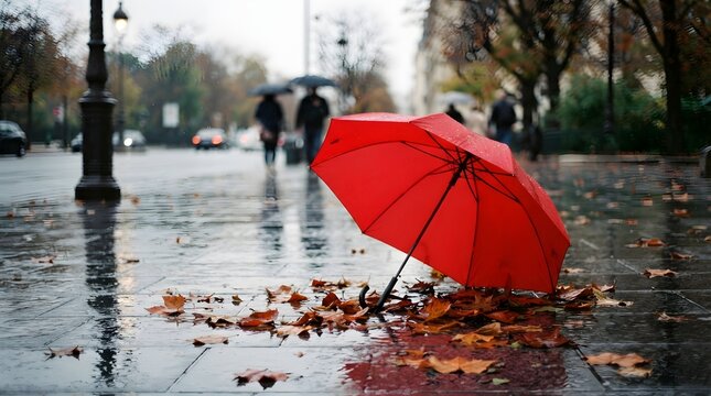 A bright red umbrella lying on a wet city sidewalk covered in fallen autumn leaves during a rainy day