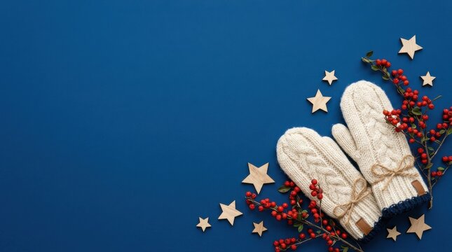 Cozy winter flat lay background featuring warm knitted wool mittens festive red berry branches and wooden stars arranged neatly on a rich dark blue