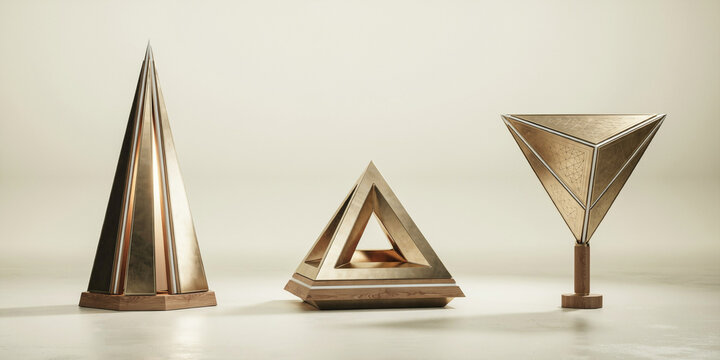 Set of three geometric sculptures made of polished brass and wood on a neutral background