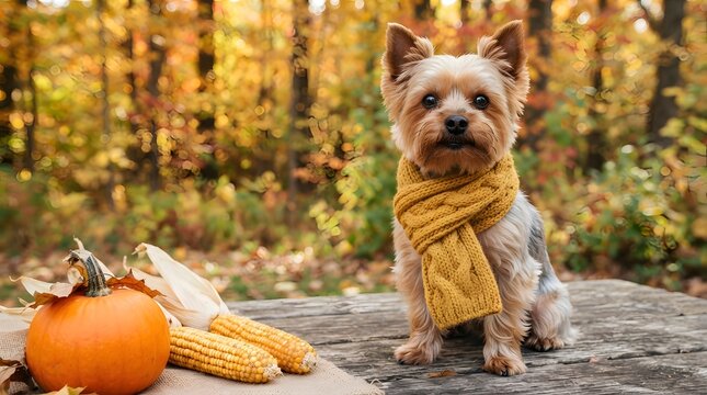 A cute yorkshire terrier dog wearing a yellow knit scarf sitting on a wooden table with a pumpkin and corn