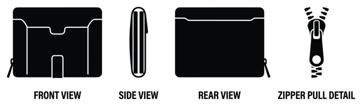 Black clutch bag front side rear view zipper pull detail for women accessories.