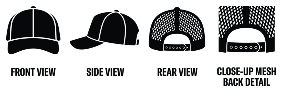 Black trucker cap with mesh back front side rear view and mesh detail.
