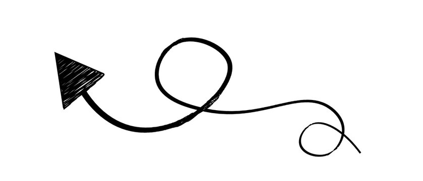 Hand drawn arrow with a loop, doodle style sketch, decorative element for design, isolated on transparent background