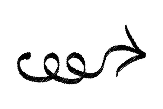 Hand drawn doodle arrow with curly loops, sketch style black ink brush stroke, isolated on transparent background