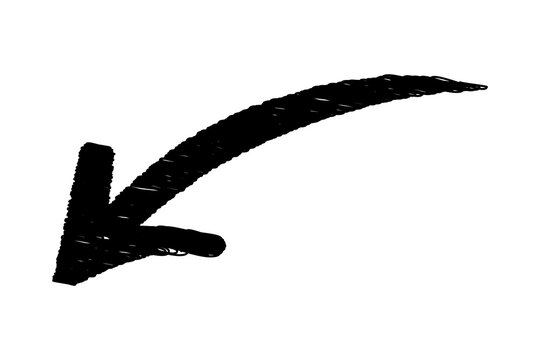 Hand drawn arrow sketch, black marker doodle pointing down and left, isolated on transparent background