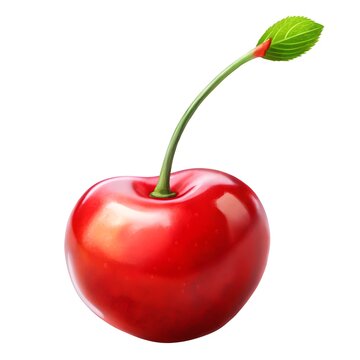 Ripe red cherry with green leaf, fresh organic fruit on white background, glossy sweet berry for food packaging and healthy lifestyle design