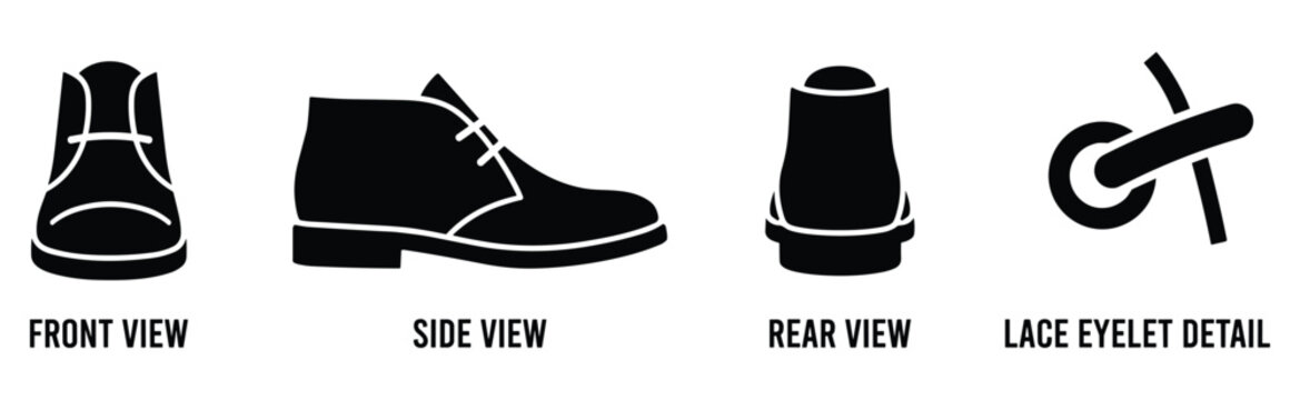 Desert boots front side rear view and lace eyelet detail black silhouette.