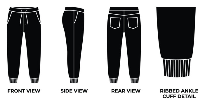 Jogger pants with ribbed ankle cuff detail, shown in three views.
