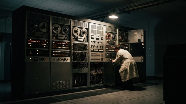 Retro mainframe computer system with reels and technician in lab