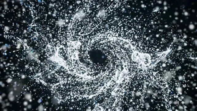 Dynamic swirling water vortex splashing against a dark black background.