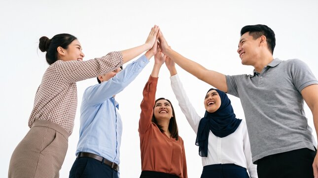 Low angle view of diverse business team stacking hands together for corporate unity and synergy.