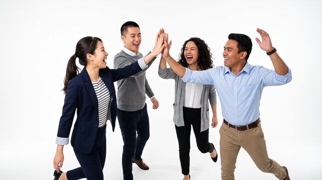Energetic diverse business team running and giving high fives celebrating victory on white background.