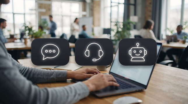Hands Typing with Support, Headset & Service Icons Customer Support, Help Desk and Online Service Concept
