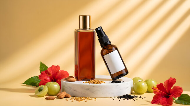 Natural Ayurvedic hair oil bottles displayed with fresh amla fruits, vibrant hibiscus flowers, almond nuts, fenugreek seeds, and nigella seeds on a white marble pedestal against a soft yellow backg...