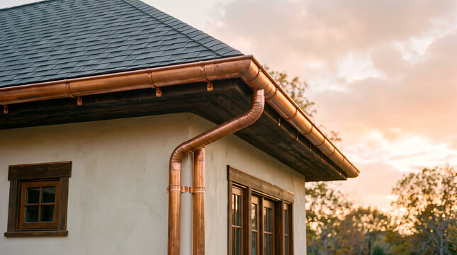 Residential house exterior with copper rain gutters and downspouts against a soft sunset sky, featuring dark shingle roof and stucco walls