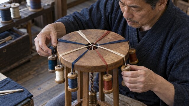 Japanese artisan braiding silk cords on a wooden stand