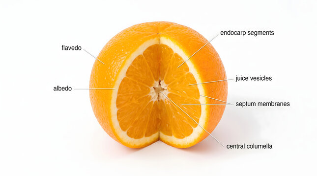 An educational botanical cross-section diagram of a fresh orange fruit, clearly labeling its anatomical parts including flavedo, albedo, endocarp segments, juice vesicles, septum membranes, and cen...