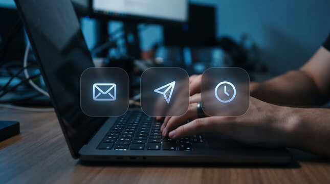 Typing on Laptop with Mail, Send and Timer Icons Communication, Messaging and Task Timing Concept