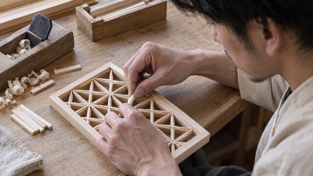Japanese woodworker assembling a kumiko lattice panel