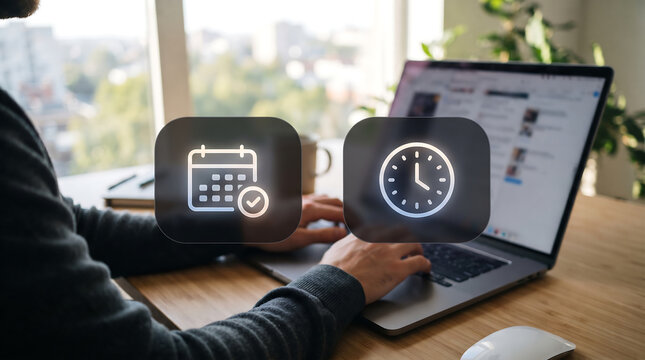 Typing on Laptop with Calendar and Clock Schedule, Time Management and Deadline Planning Concept