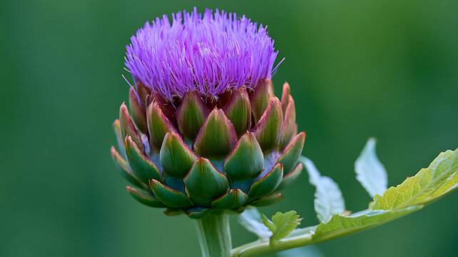 Artichoke flower in full bloom showing purple thistlelike petals and green bracts against a soft green background