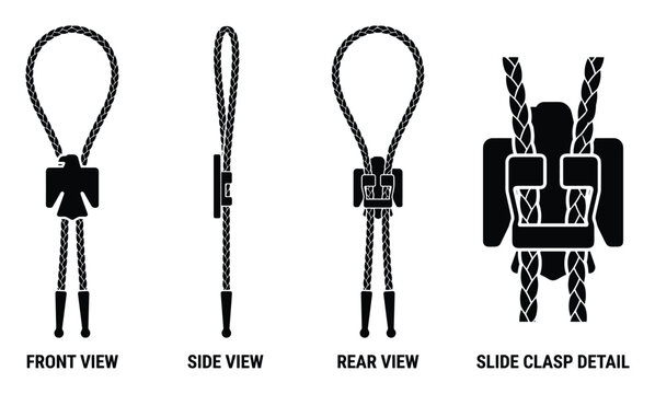Western style bolo tie necklace with eagle design front side rear and clasp detail.