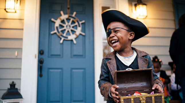 A laughing Black boy in a pirate costume trick-or-treating with a pumpkin bucket at a front door for Halloween autumn fall October holiday celebration banner.
