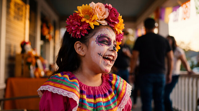 A laughing Latina girl child with sugar skull makeup in a folklorico costume celebrating Day of the Dead at an autumn fall October November festival for greeting.