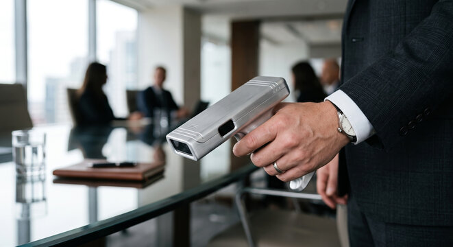 Businessman holding hand 3d scanner in conference room during executive meeting.