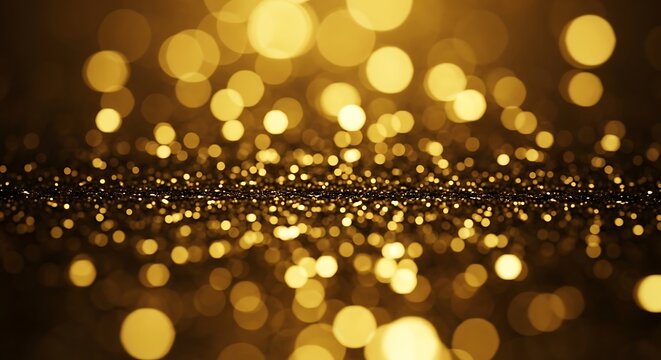 Golden bokeh light particles and glittering orbs on a dark background texture