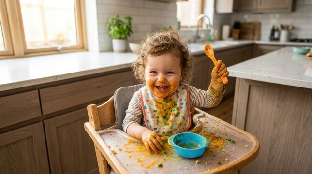 Cute Happy Toddler With Messy Face Covered In Puree Eating Organic Vegetable Baby Food Sitting In Wooden High Chair Inside A Modern Bright Kitchen