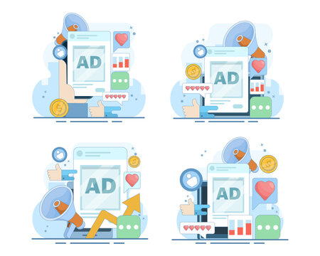 Social media advertising set featuring online ad campaigns, website traffic, customer conversions and sales growth for digital marketing strategies with modern vector icons