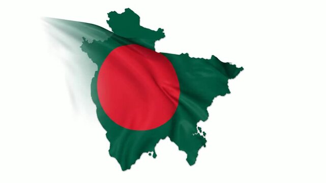 Waving bangladesh flag map animation, 3D country silhouette with fabric texture, isolated on white background, for national identity, and patriotic projects
