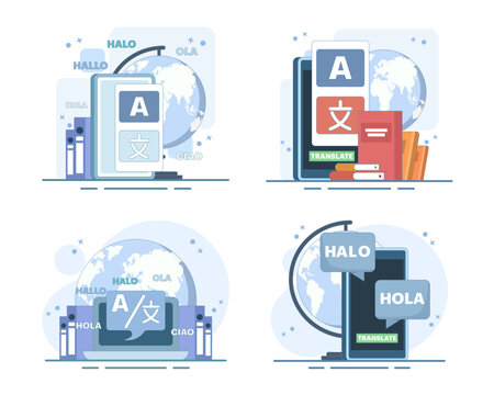 Online translation set featuring language conversion, digital translator tools, multilingual communication and text interpretation for modern websites and applications in flat cartoon style
